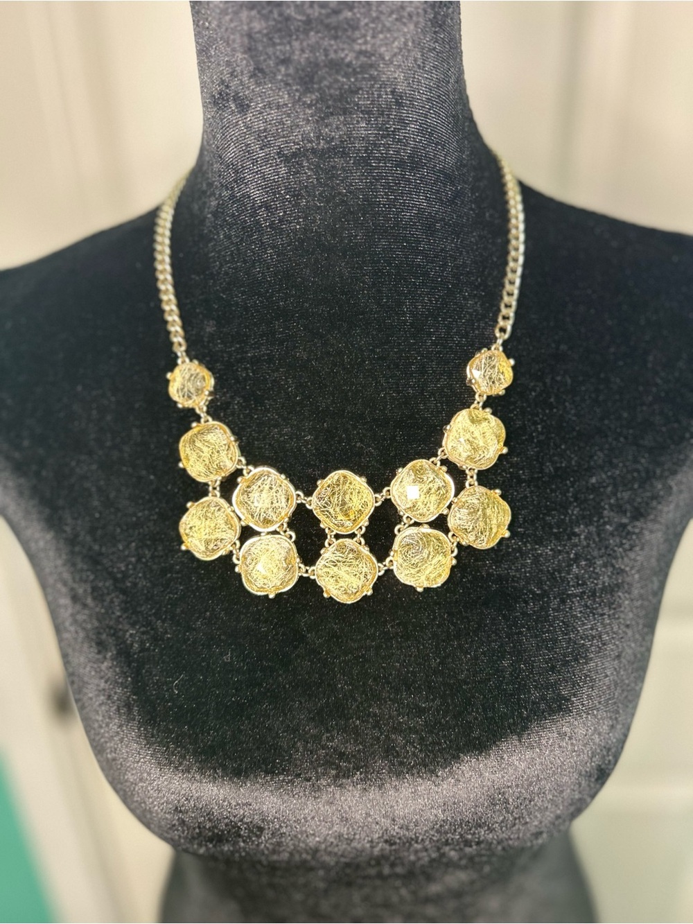 Charming Charlie Gold Spun Interlinked  Bib Necklace  Chunky Jewelry Maximalist